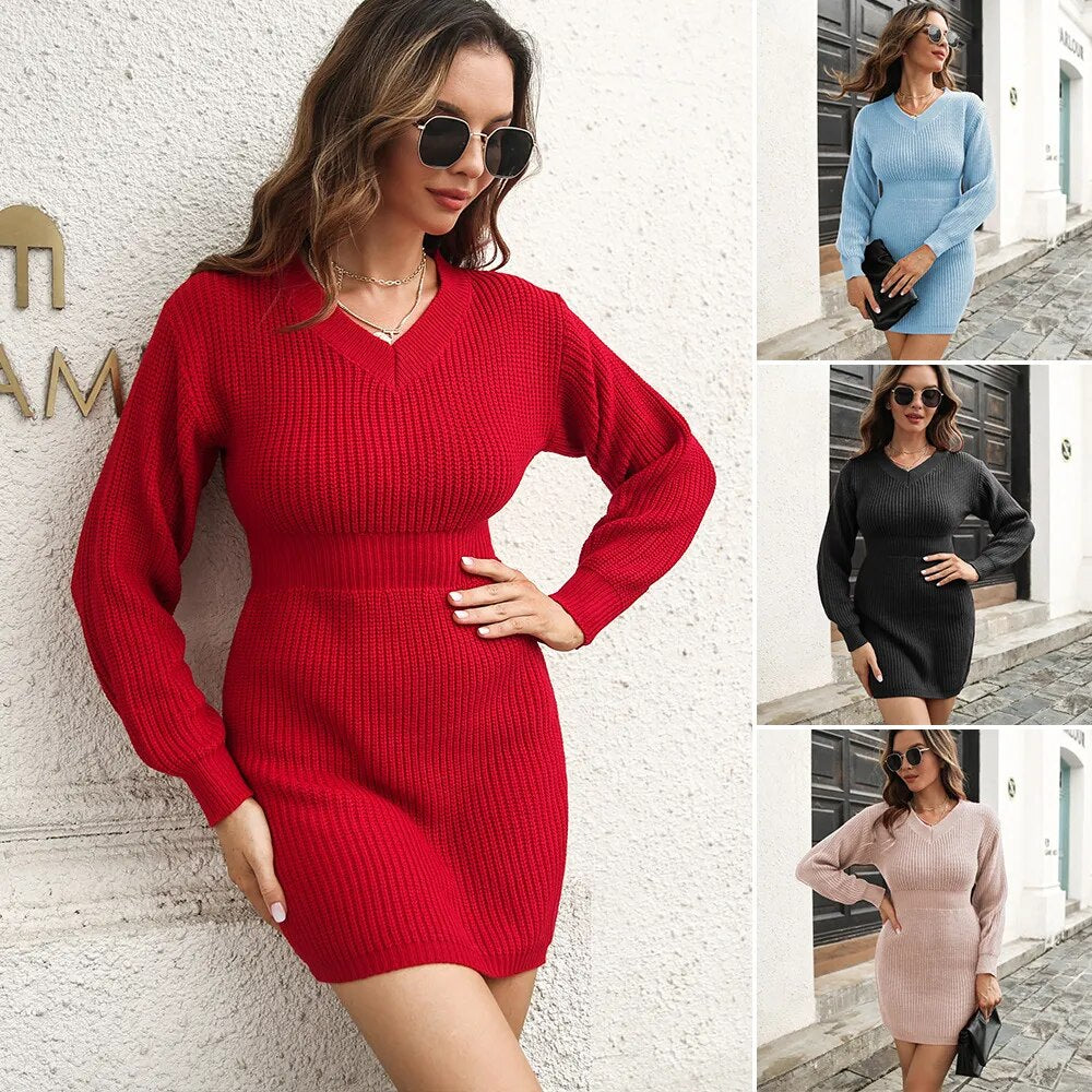 Autumn Winter V-neck Long Sleeves Cinched High Waist Sweater Short Dress