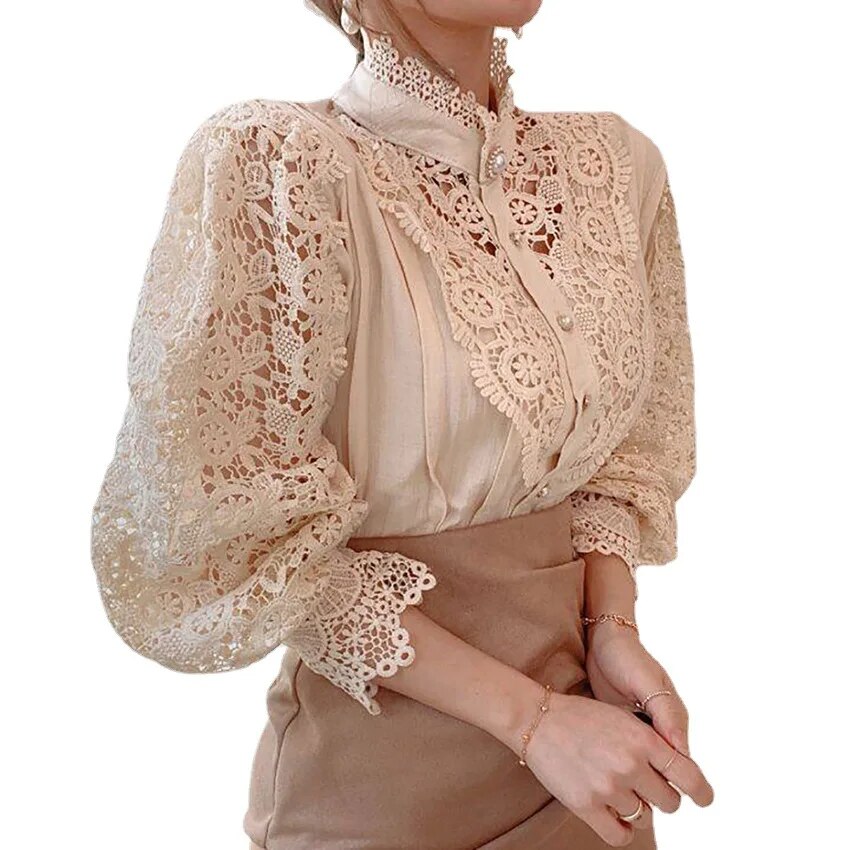 Autumn/Winter Women's White Long Sleeve Hollow Lace Women's Shirt