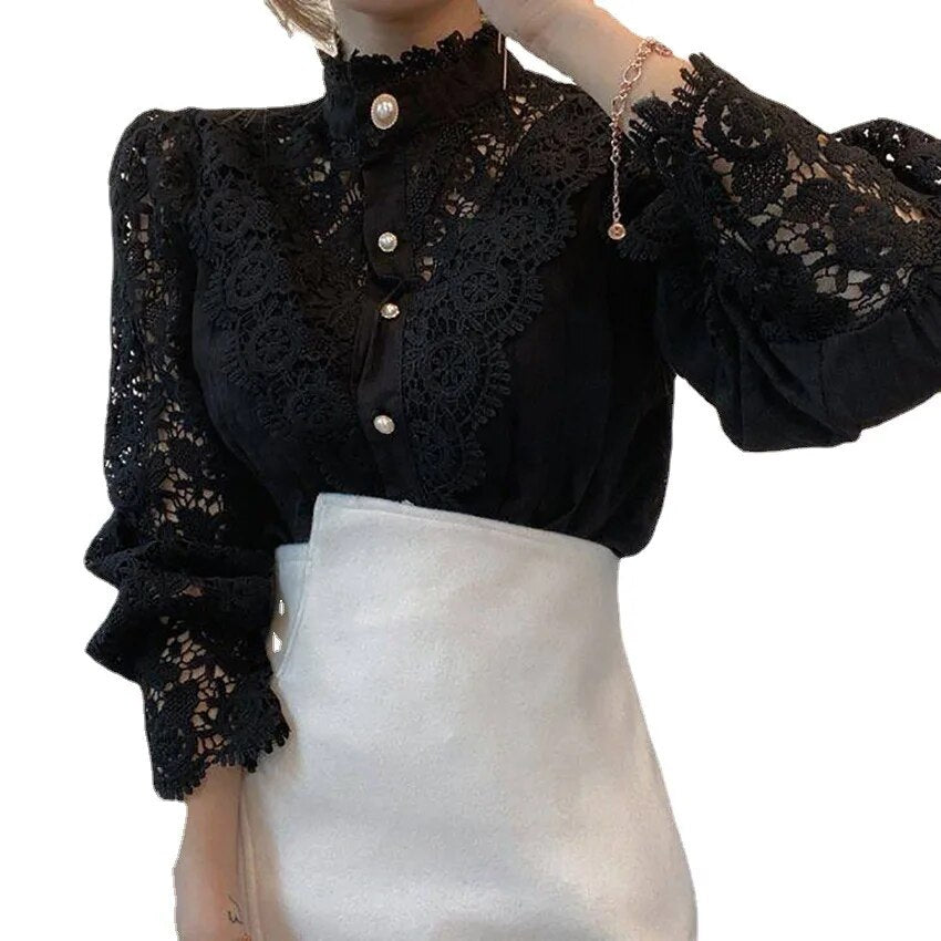 Autumn/Winter Women's White Long Sleeve Hollow Lace Women's Shirt