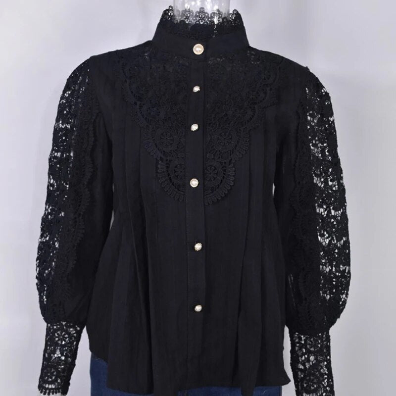 Autumn/Winter Women's White Long Sleeve Hollow Lace Women's Shirt