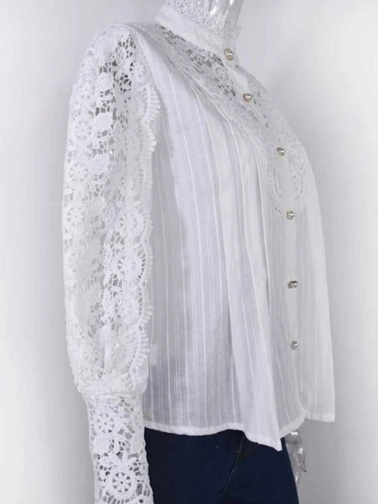 Autumn/Winter Women's White Long Sleeve Hollow Lace Women's Shirt