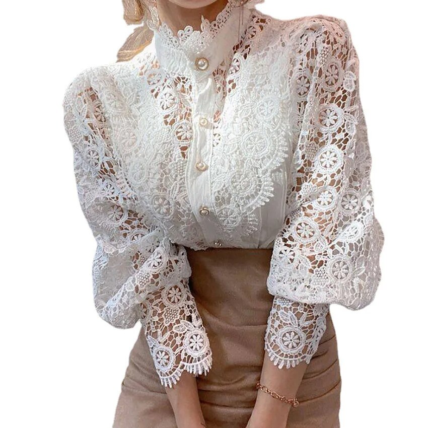 Autumn/Winter Women's White Long Sleeve Hollow Lace Women's Shirt