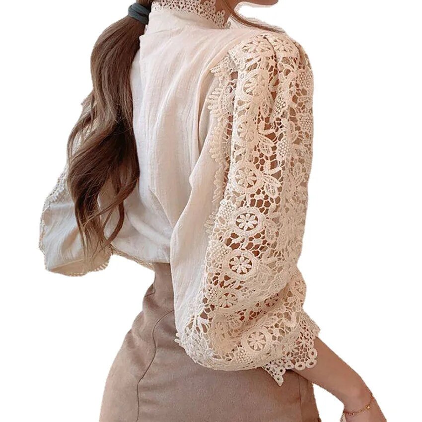 Autumn/Winter Women's White Long Sleeve Hollow Lace Women's Shirt