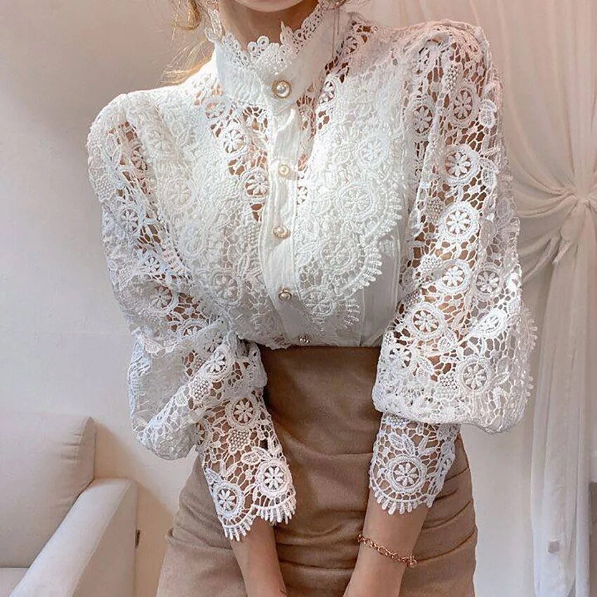 Autumn/Winter Women's White Long Sleeve Hollow Lace Women's Shirt