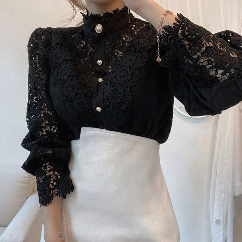 Autumn/Winter Women's White Long Sleeve Hollow Lace Women's Shirt