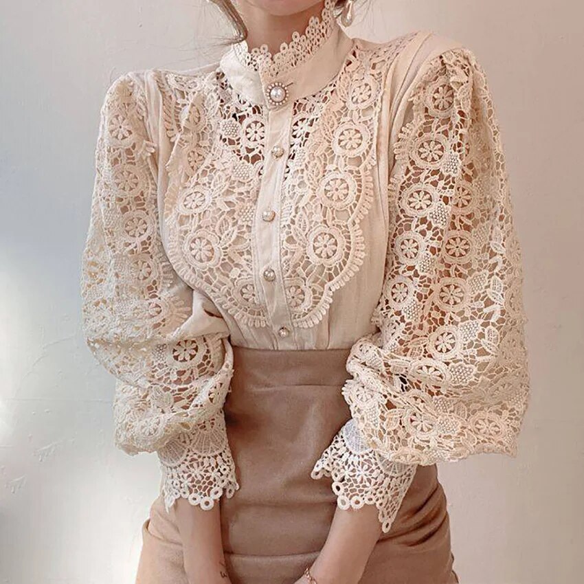 Autumn/Winter Women's White Long Sleeve Hollow Lace Women's Shirt