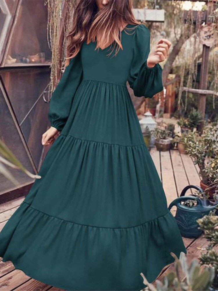 Autumn Women's Long Sleeves Solid Color V-neck Big Swing Dress