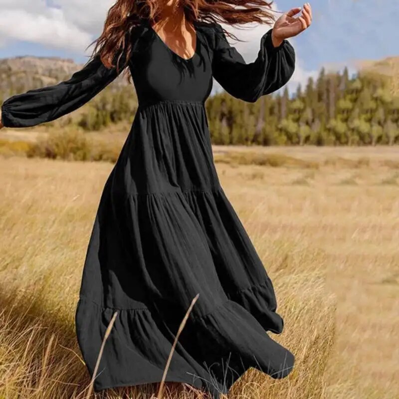 Autumn Women's Long Sleeves Solid Color V-neck Big Swing Dress