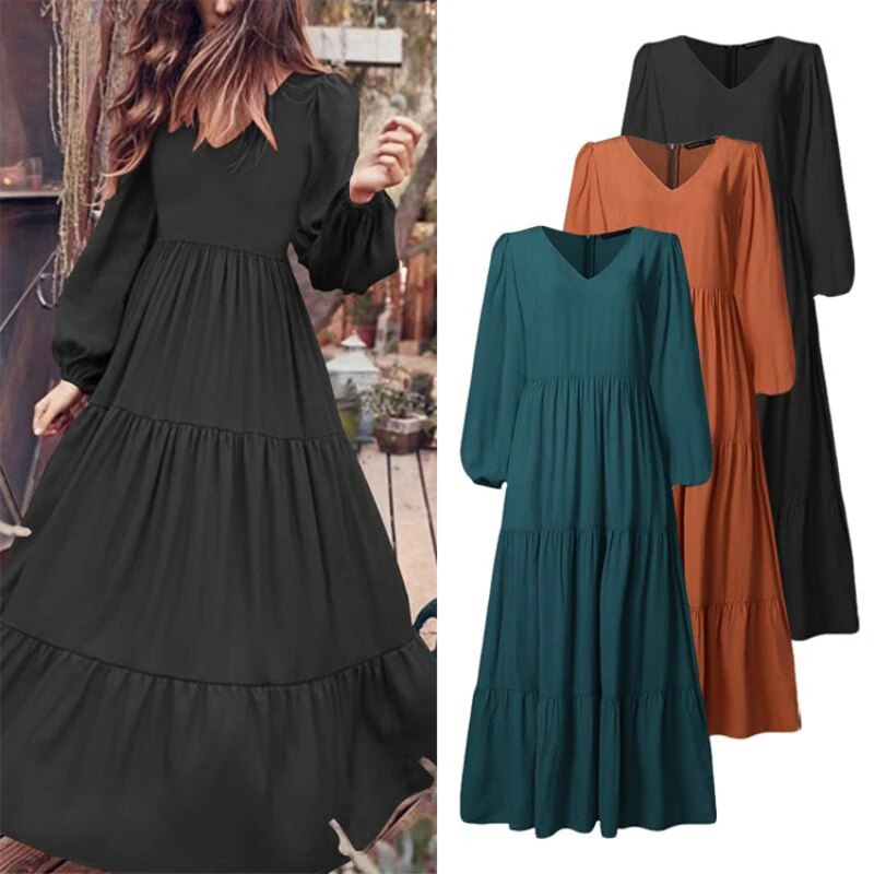 Autumn Women's Long Sleeves Solid Color V-neck Big Swing Dress