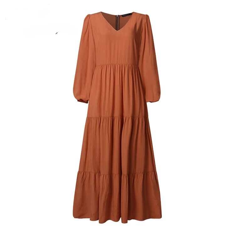 Autumn Women's Long Sleeves Solid Color V-neck Big Swing Dress