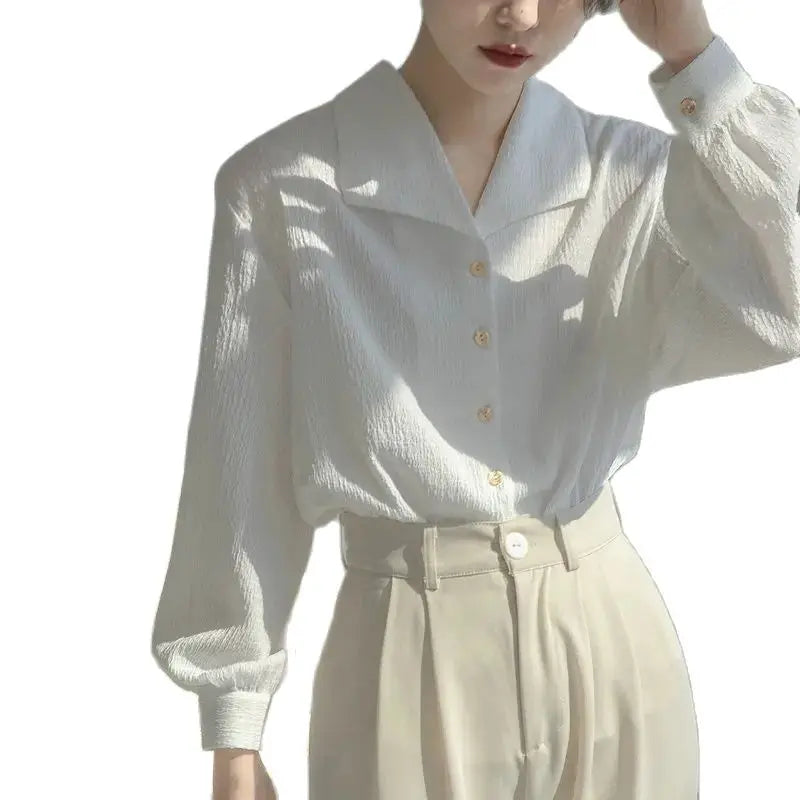 Autumn Women's Texture Casual Loose Fashionable French Pleated Top White Shirt