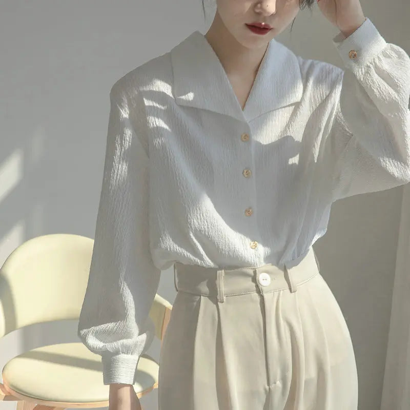 Autumn Women's Texture Casual Loose Fashionable French Pleated Top White Shirt