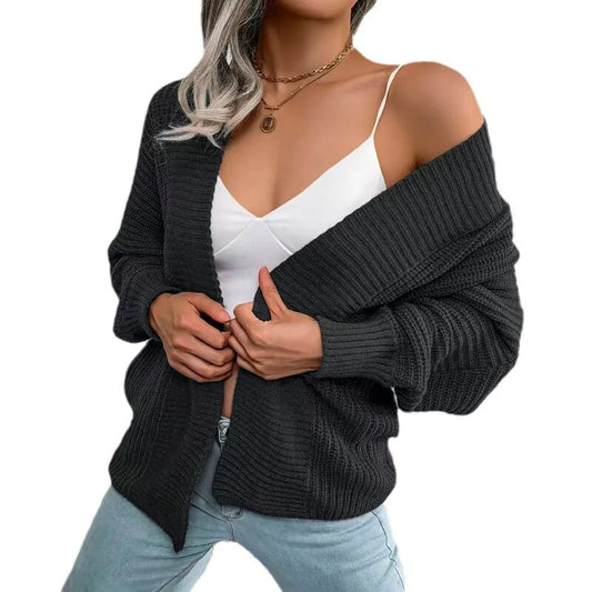 Autumn and Winter Leisure Bat Long Sleeved Loose Cardigan Knitted Sweater Coat Top Small Shirt Female