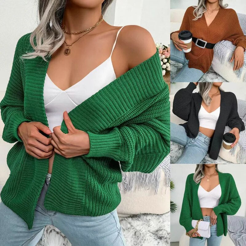 Autumn and Winter Leisure Bat Long Sleeved Loose Cardigan Knitted Sweater Coat Top Small Shirt Female