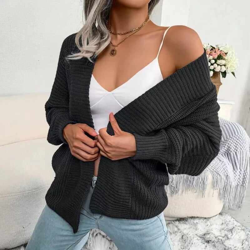 Autumn and Winter Leisure Bat Long Sleeved Loose Cardigan Knitted Sweater Coat Top Small Shirt Female