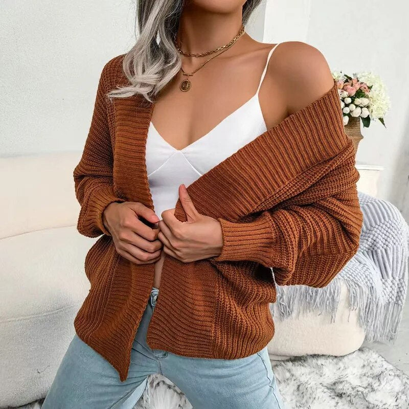 Autumn and Winter Leisure Bat Long Sleeved Loose Cardigan Knitted Sweater Coat Top Small Shirt Female