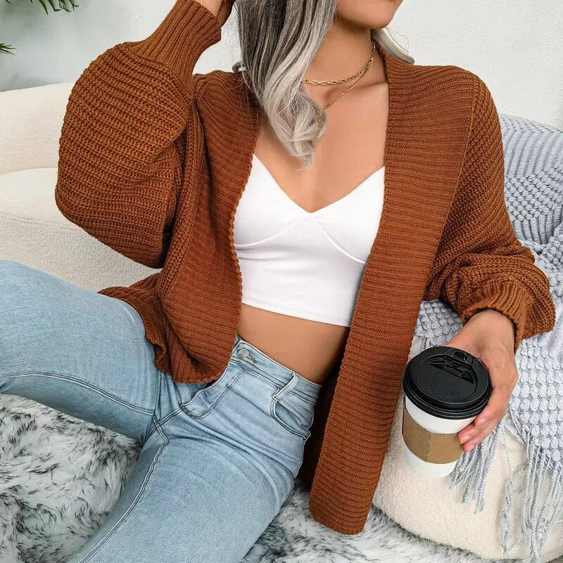 Autumn and Winter Leisure Bat Long Sleeved Loose Cardigan Knitted Sweater Coat Top Small Shirt Female