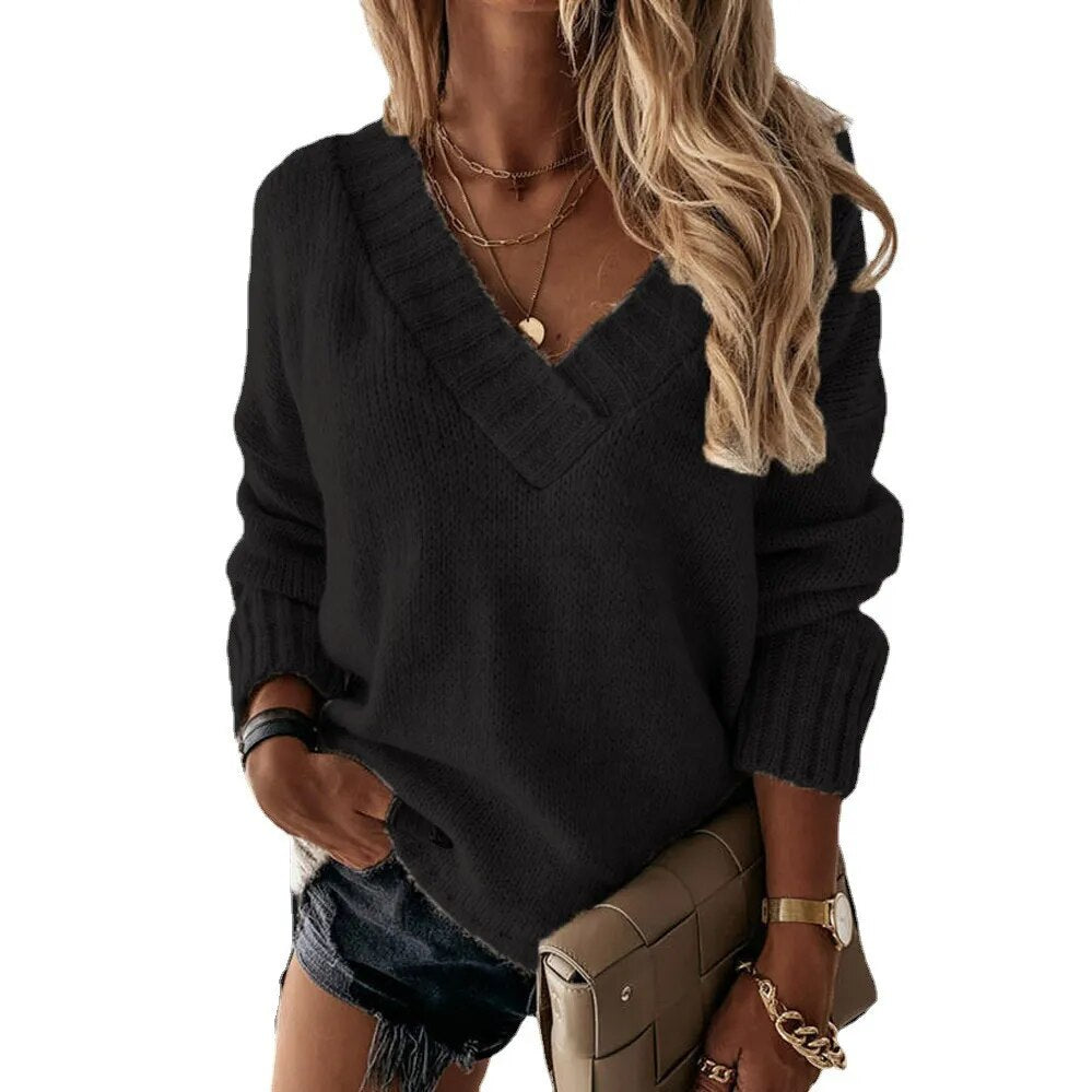 Autumn and Winter New Solid Women's V-neck Long Sleeve Pullover Knit Top Sweater