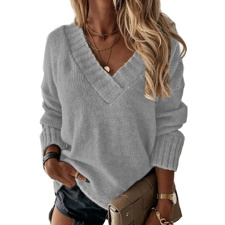 Autumn and Winter New Solid Women's V-neck Long Sleeve Pullover Knit Top Sweater