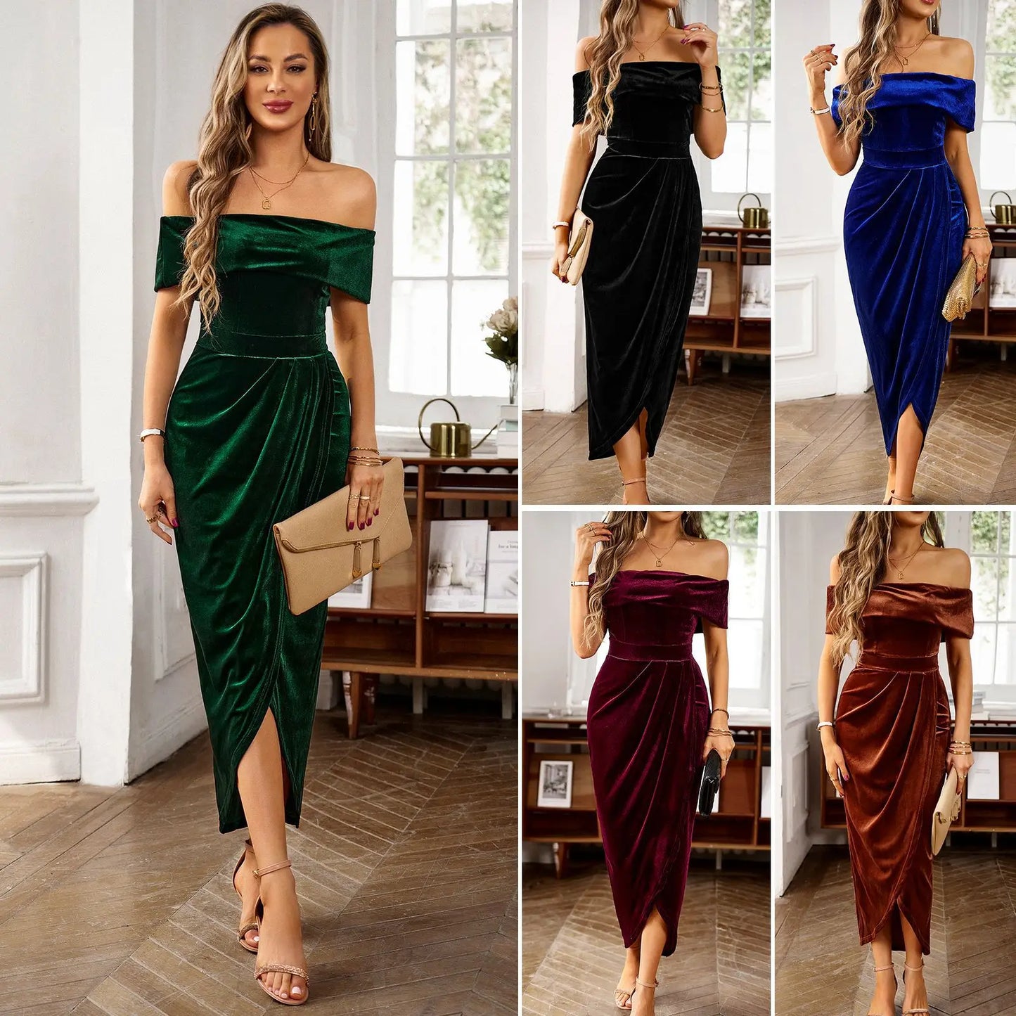 Autumn and Winter Off Shoulder Velvet Ruched Long Dress