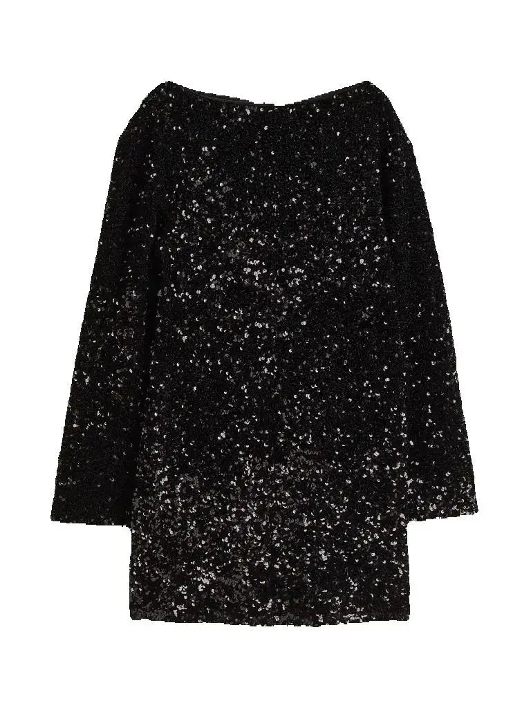 Autumn and Winter Round Neck Long Sleeves Sequined Short Dress