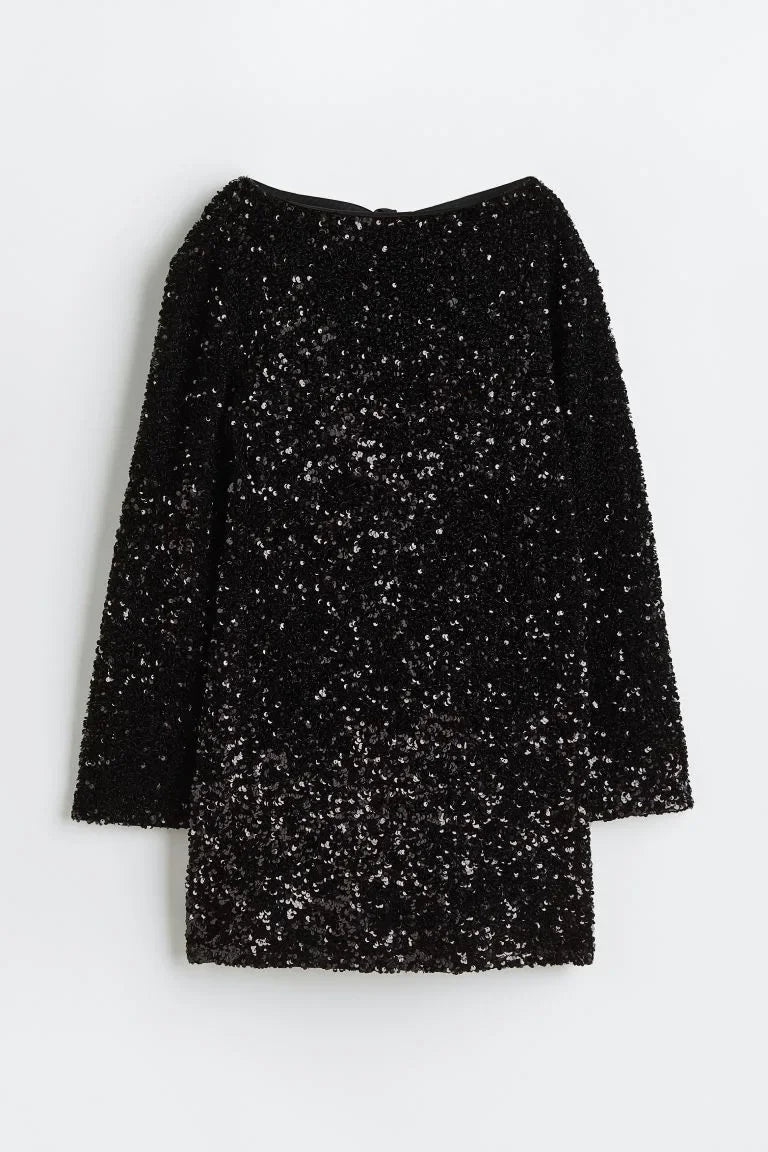 Autumn and Winter Round Neck Long Sleeves Sequined Short Dress