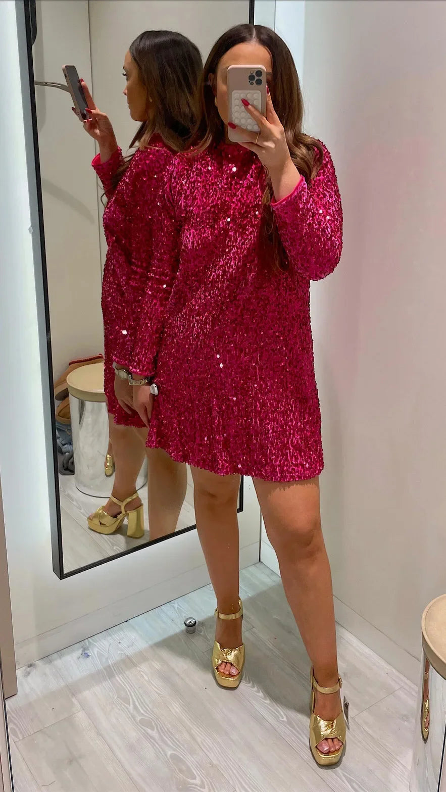 Autumn and Winter Round Neck Long Sleeves Sequined Short Dress