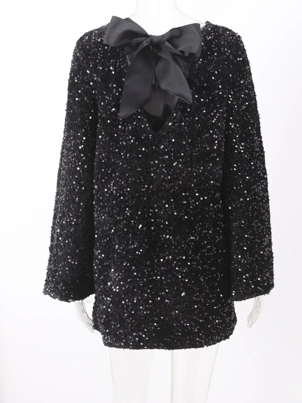 Autumn and Winter Round Neck Long Sleeves Sequined Short Dress