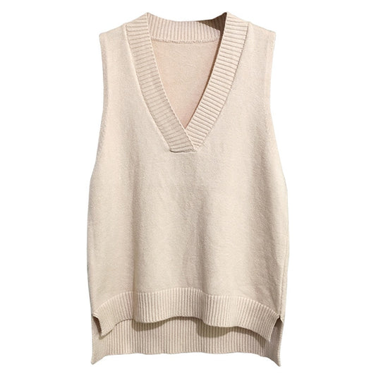 Autumn and Winter Simple V-neck Vintage Knitted Women's Pullover Loose Sleeveless Tank Top Sweater Vest