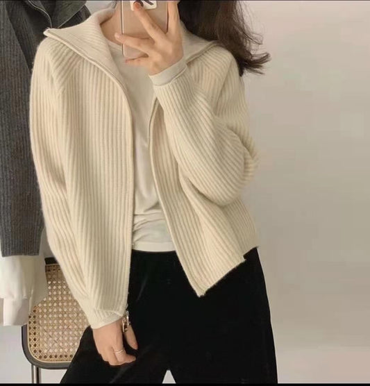 Autumn and Winter Slouchy Style Thickened Knitted Cardigan Solid Color Zipper Polo Neck Sweater for Women