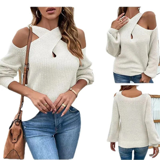 Autumn and Winter Solid Color Leakage Shoulder Cross Neck Lantern Sleeve Sweater Woman