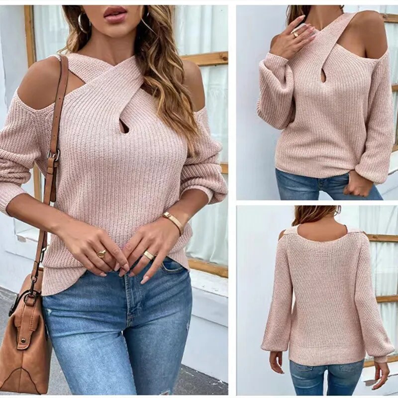 Autumn and Winter Solid Color Leakage Shoulder Cross Neck Lantern Sleeve Sweater Woman