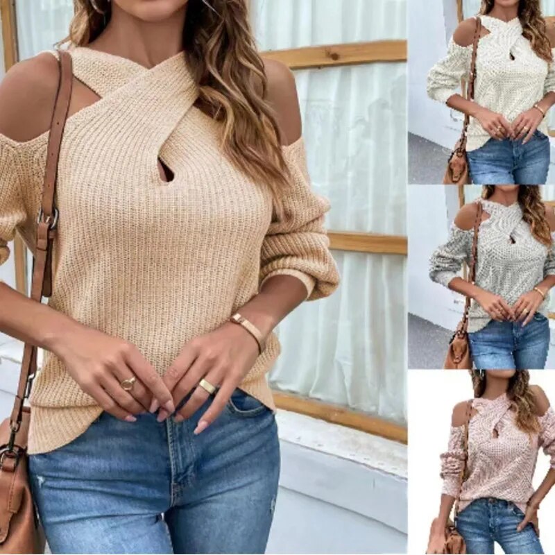 Autumn and Winter Solid Color Leakage Shoulder Cross Neck Lantern Sleeve Sweater Woman