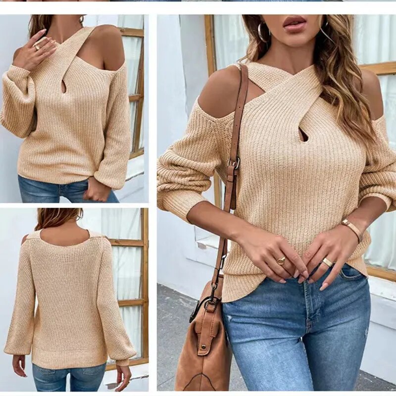 Autumn and Winter Solid Color Leakage Shoulder Cross Neck Lantern Sleeve Sweater Woman