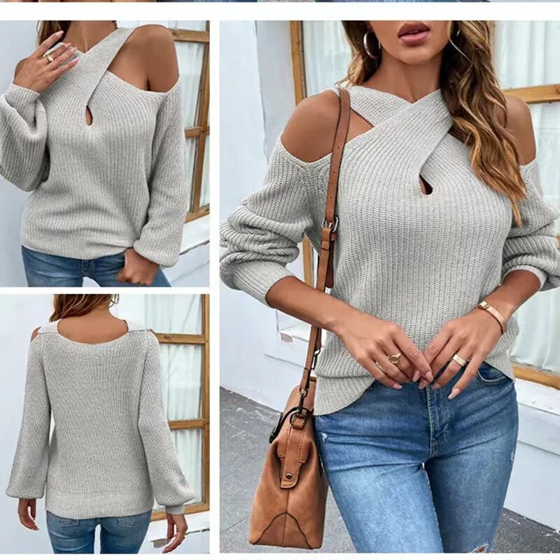 Autumn and Winter Solid Color Leakage Shoulder Cross Neck Lantern Sleeve Sweater Woman