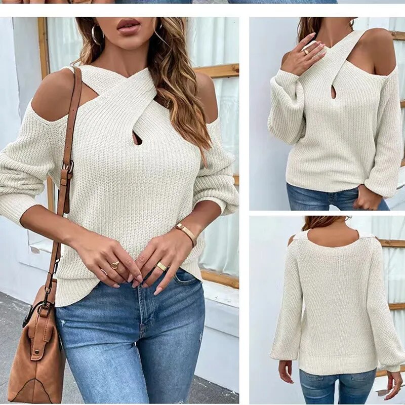 Autumn and Winter Solid Color Leakage Shoulder Cross Neck Lantern Sleeve Sweater Woman