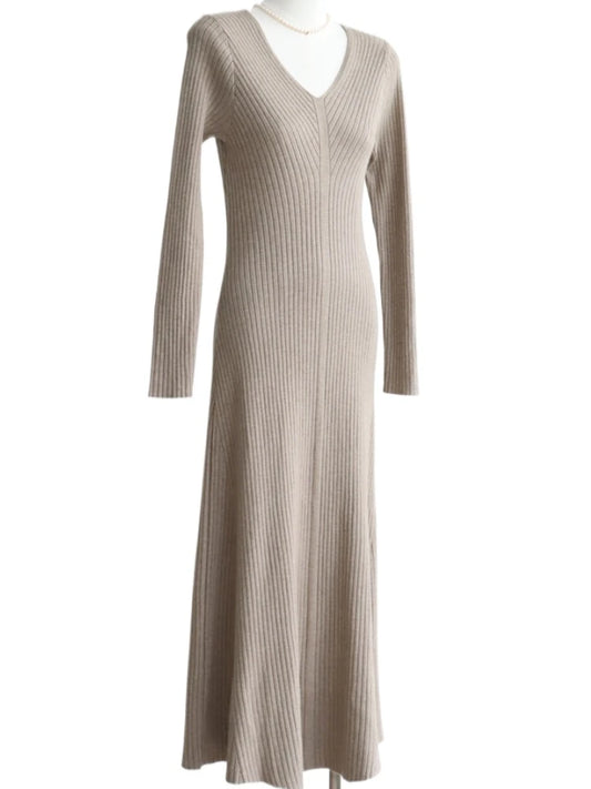 Autumn and Winter Solid Color Modal Cotton V-neck High-waisted Knitted Long Dress