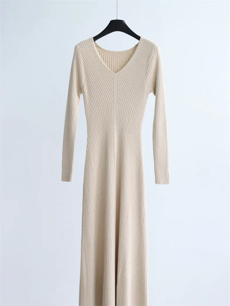 Autumn and Winter Solid Color Modal Cotton V-neck High-waisted Knitted Long Dress