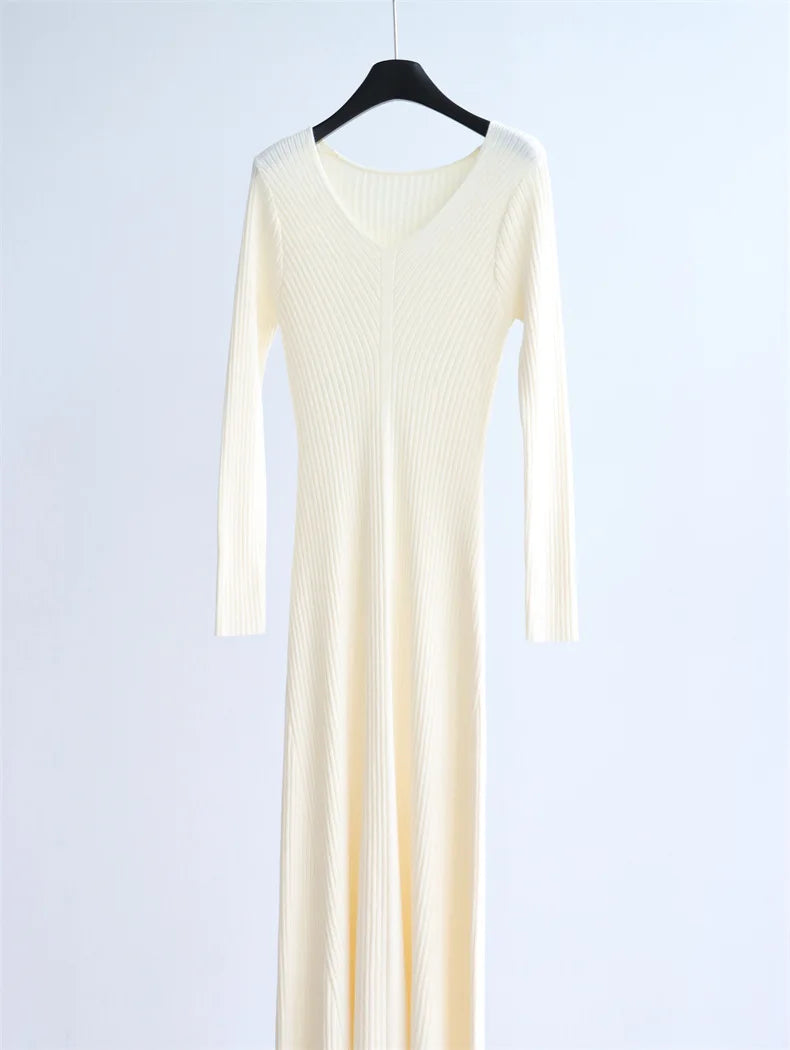 Autumn and Winter Solid Color Modal Cotton V-neck High-waisted Knitted Long Dress