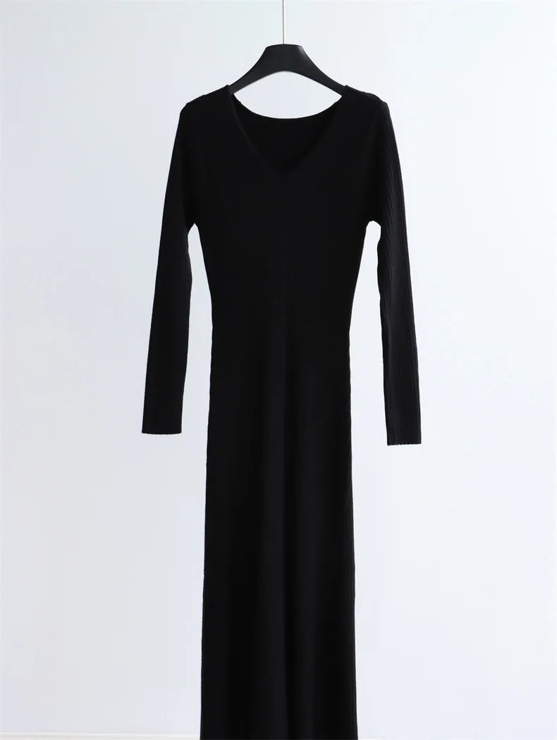 Autumn and Winter Solid Color Modal Cotton V-neck High-waisted Knitted Long Dress