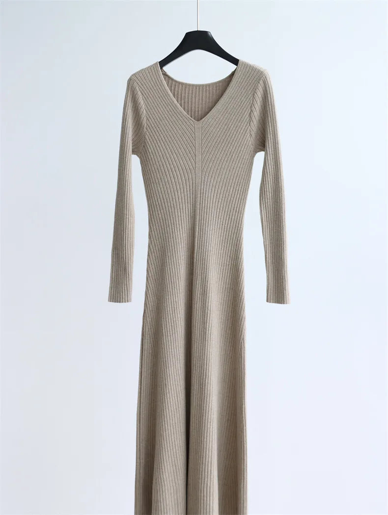 Autumn and Winter Solid Color Modal Cotton V-neck High-waisted Knitted Long Dress