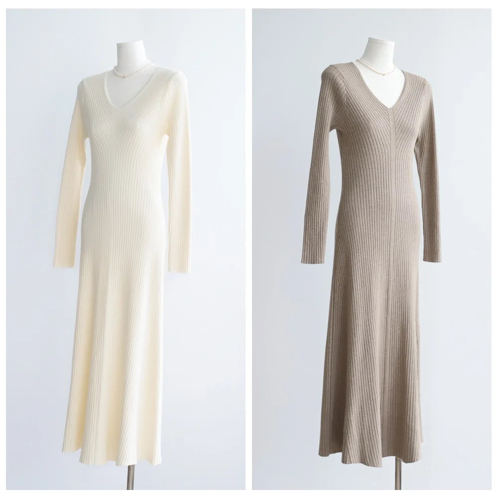 Autumn and Winter Solid Color Modal Cotton V-neck High-waisted Knitted Long Dress