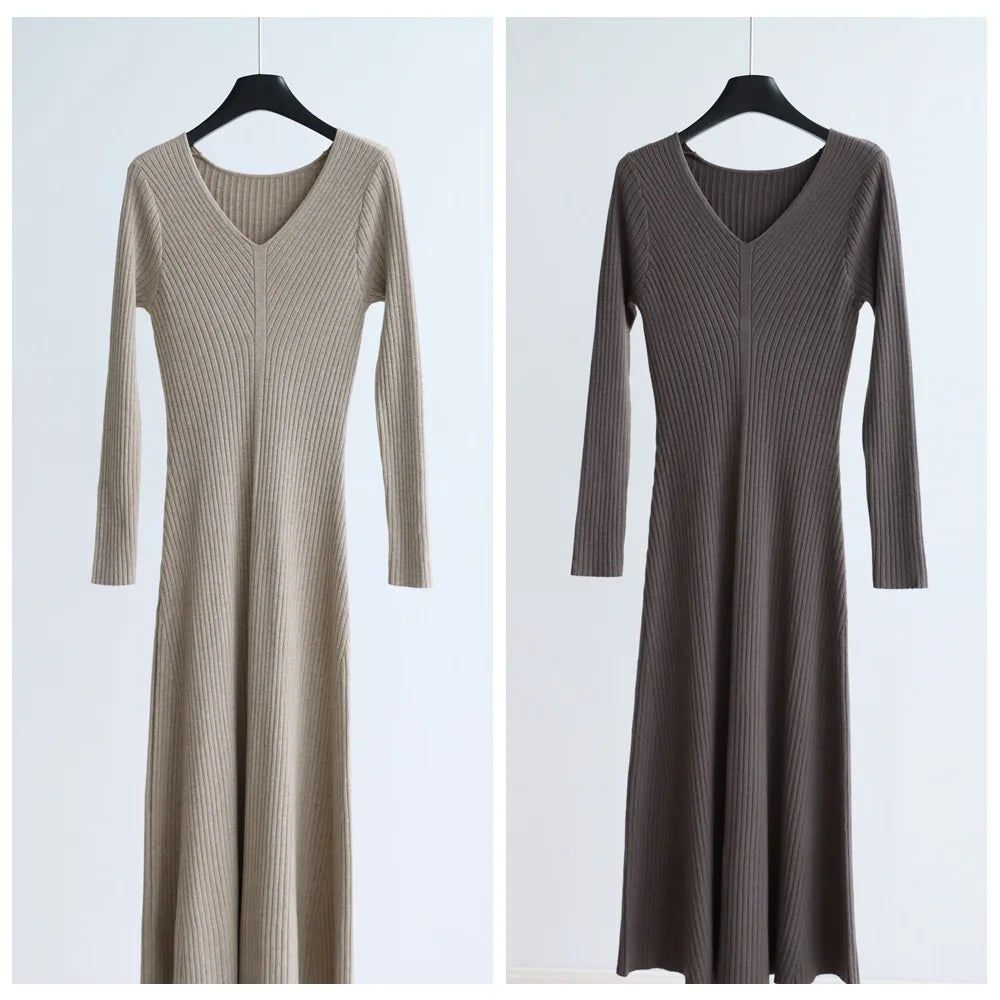 Autumn and Winter Solid Color Modal Cotton V-neck High-waisted Knitted Long Dress