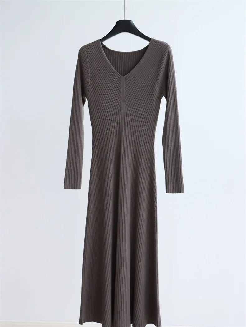 Autumn and Winter Solid Color Modal Cotton V-neck High-waisted Knitted Long Dress