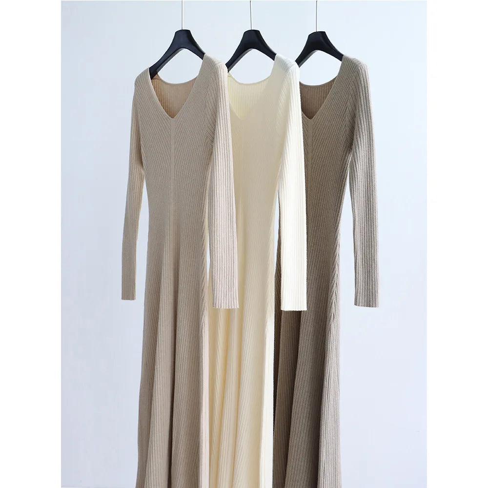 Autumn and Winter Solid Color Modal Cotton V-neck High-waisted Knitted Long Dress