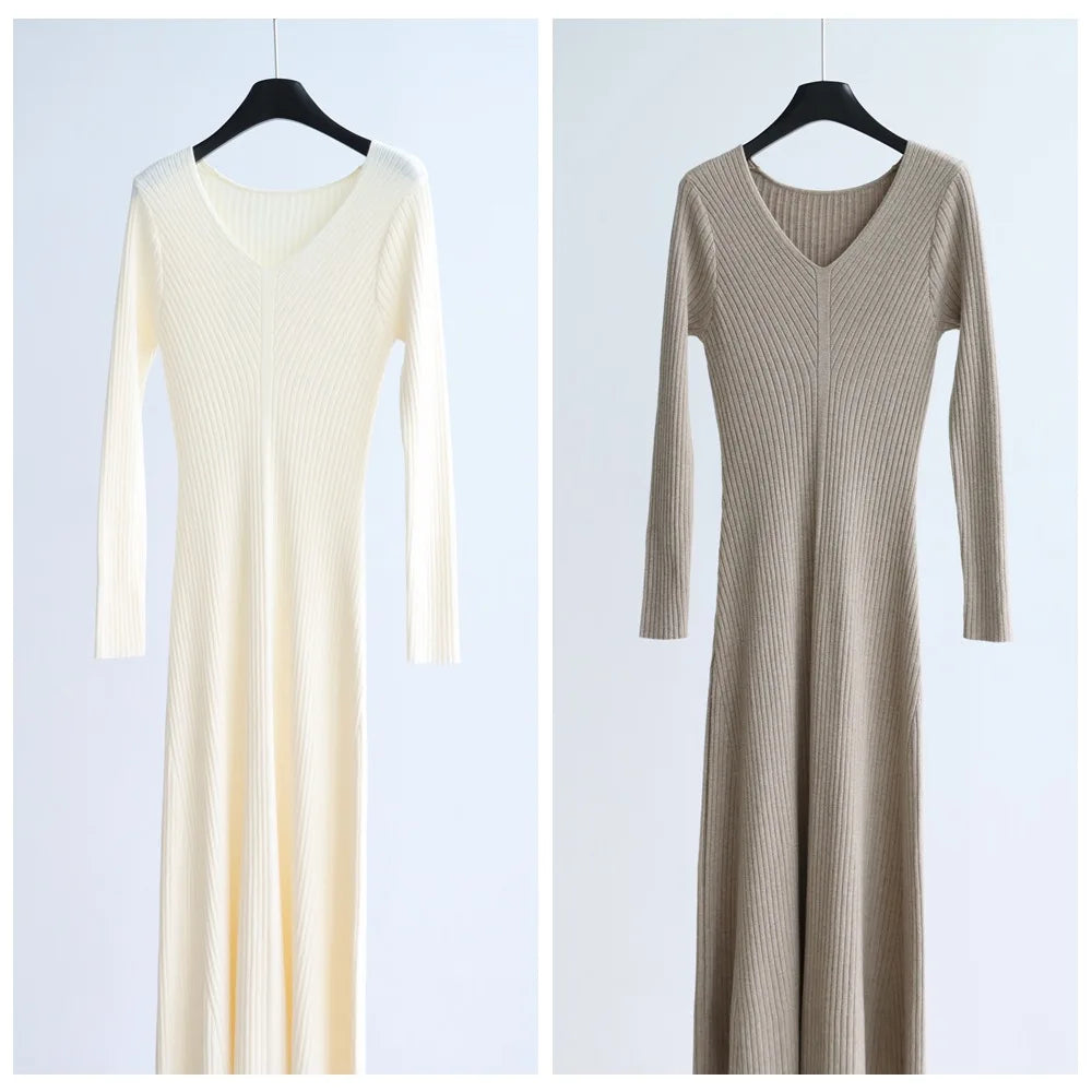 Autumn and Winter Solid Color Modal Cotton V-neck High-waisted Knitted Long Dress