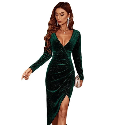 Autumn and Winter Split Velvet Long Sleeved V-neck Buttocks Wrapped Evening Green Dress