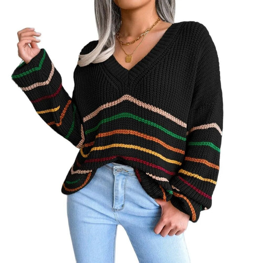 Autumn and Winter V-neck Rainbow Stripes Casual Loose Sweater