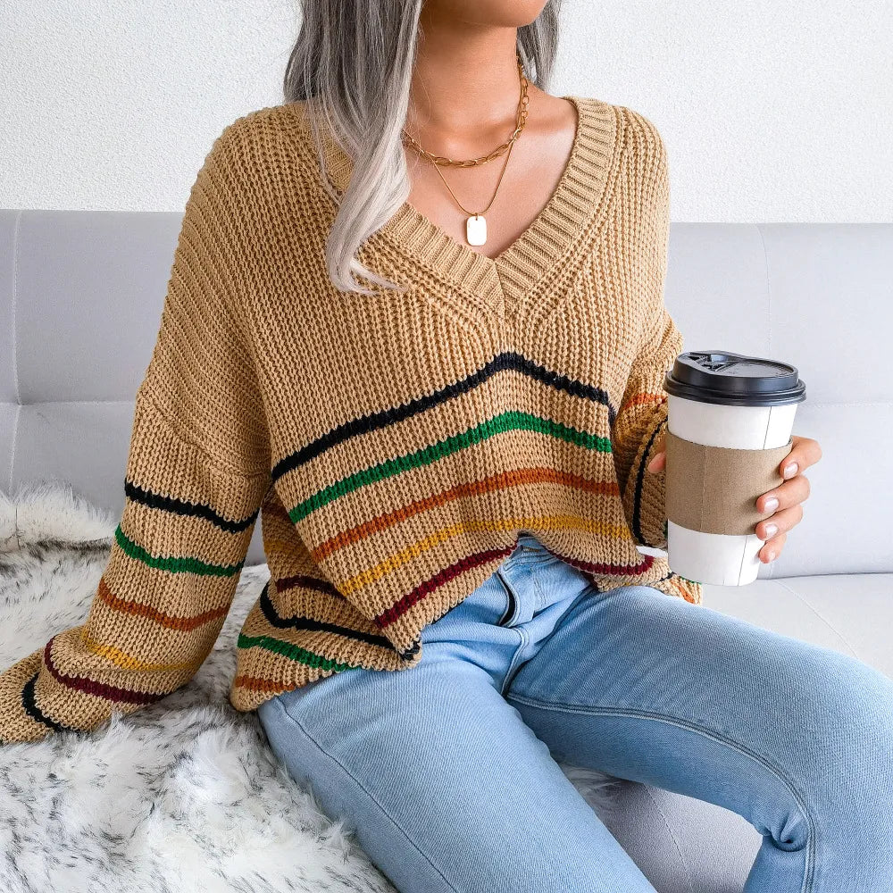 Autumn and Winter V-neck Rainbow Stripes Casual Loose Sweater