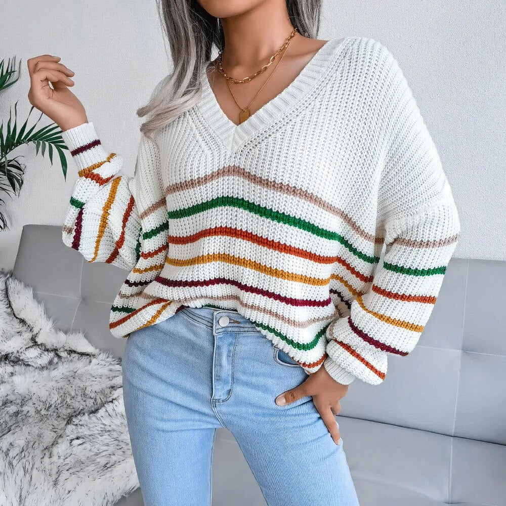 Autumn and Winter V-neck Rainbow Stripes Casual Loose Sweater